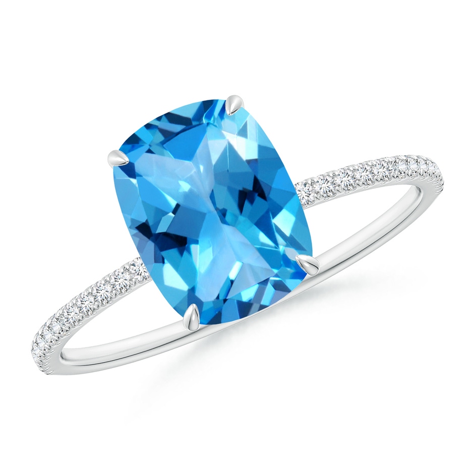 9x7mm AAAA Thin Shank Cushion Swiss Blue Topaz Ring With Diamond Accents in 18K White Gold 