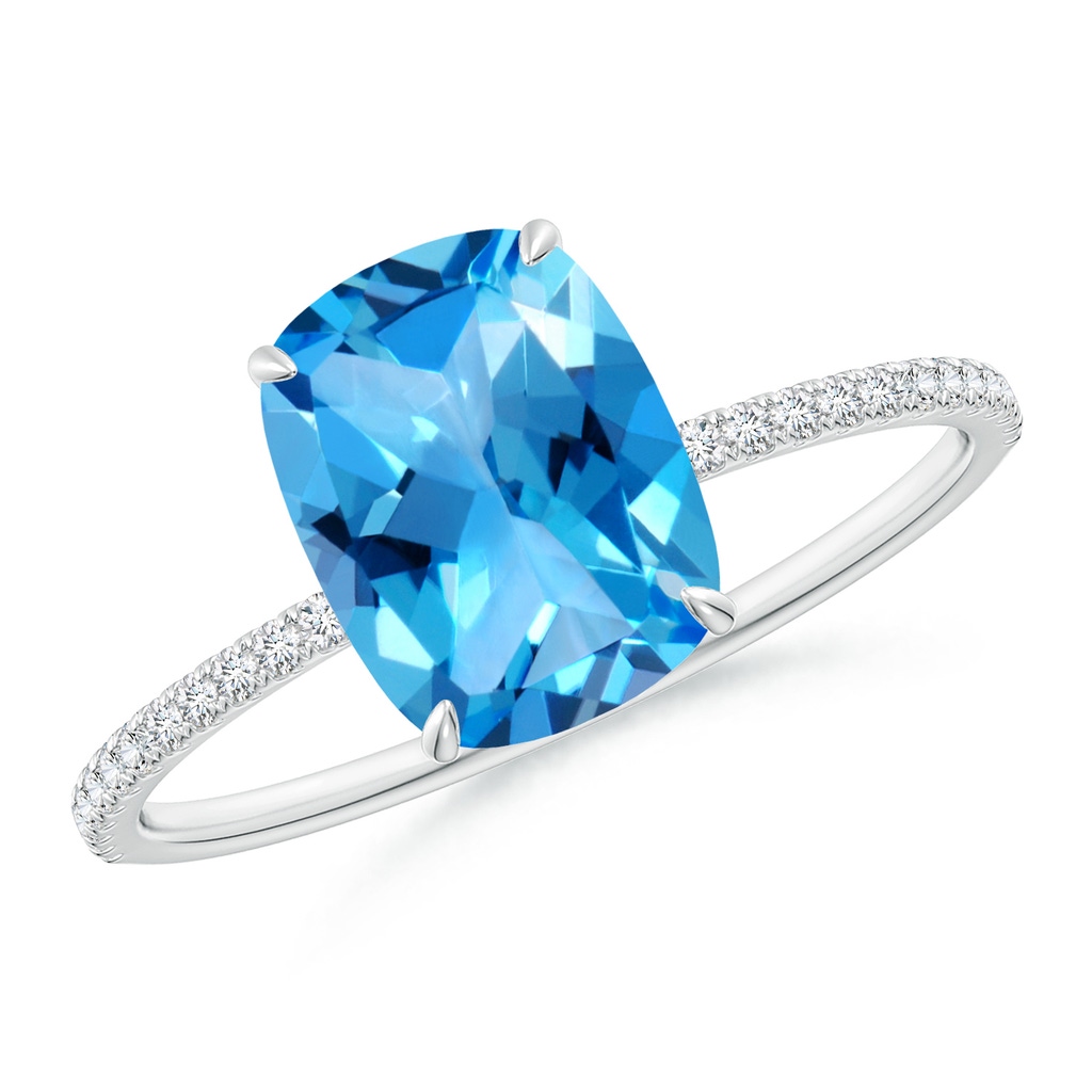 9x7mm AAAA Thin Shank Cushion Swiss Blue Topaz Ring With Diamond Accents in White Gold