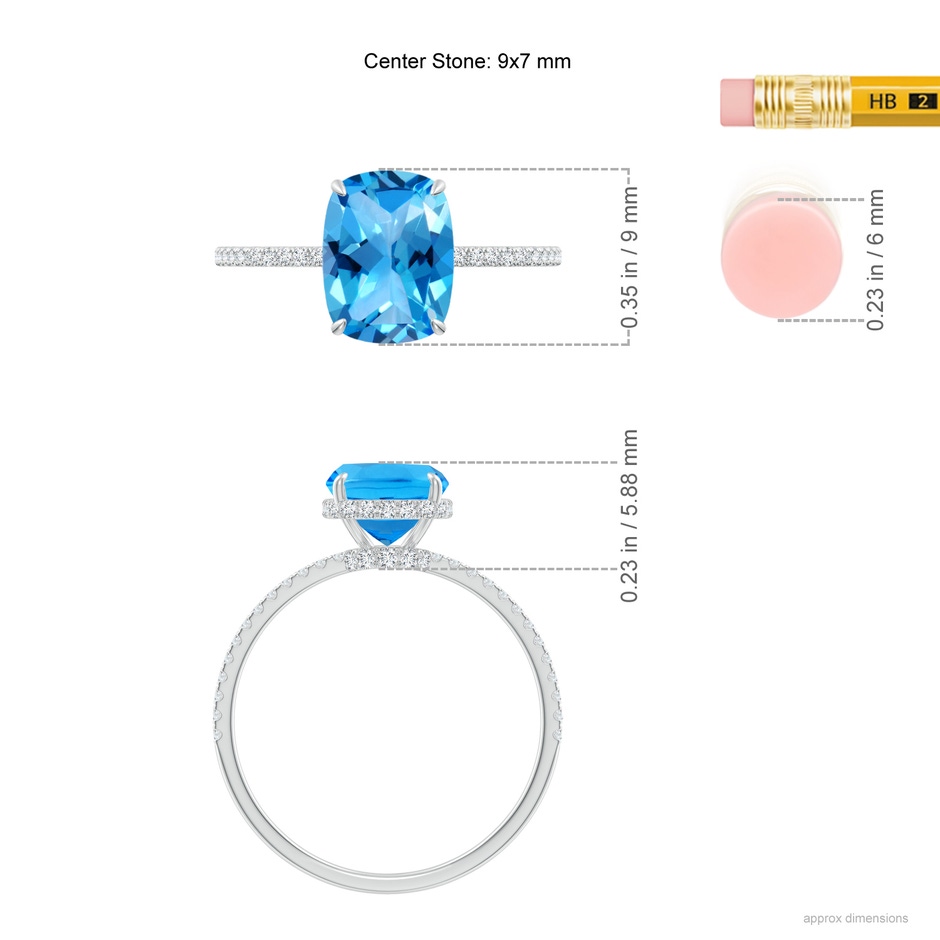 9x7mm AAAA Thin Shank Cushion Swiss Blue Topaz Ring With Diamond Accents in White Gold ruler