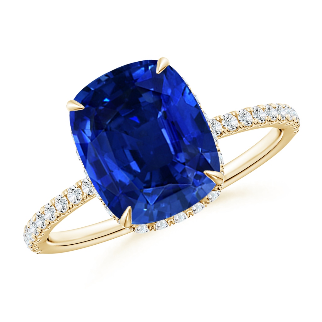10x8mm Lab-Grown Thin Shank Cushion Sapphire Ring with Diamond Accents in Yellow Gold