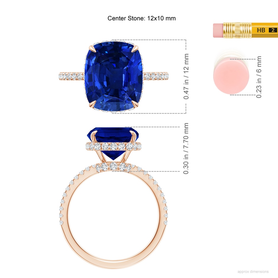 12x10mm Lab-Grown Thin Shank Cushion Sapphire Ring with Diamond Accents in Rose Gold ruler