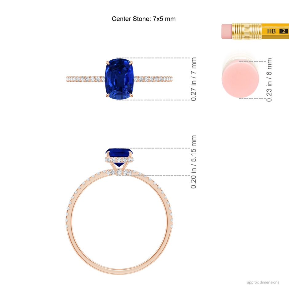 7x5mm Lab-Grown Thin Shank Cushion Sapphire Ring with Diamond Accents in Rose Gold ruler
