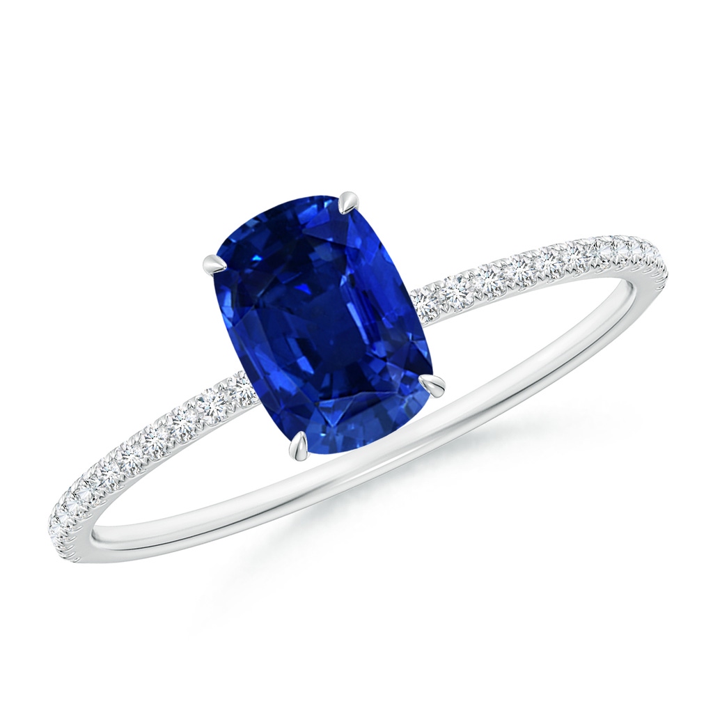 7x5mm AAAA Thin Shank Cushion Sapphire Ring with Diamond Accents in White Gold