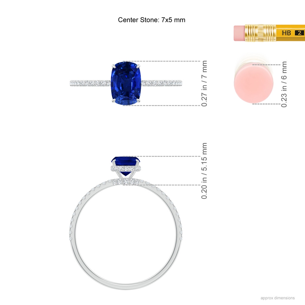 7x5mm AAAA Thin Shank Cushion Sapphire Ring with Diamond Accents in White Gold ruler