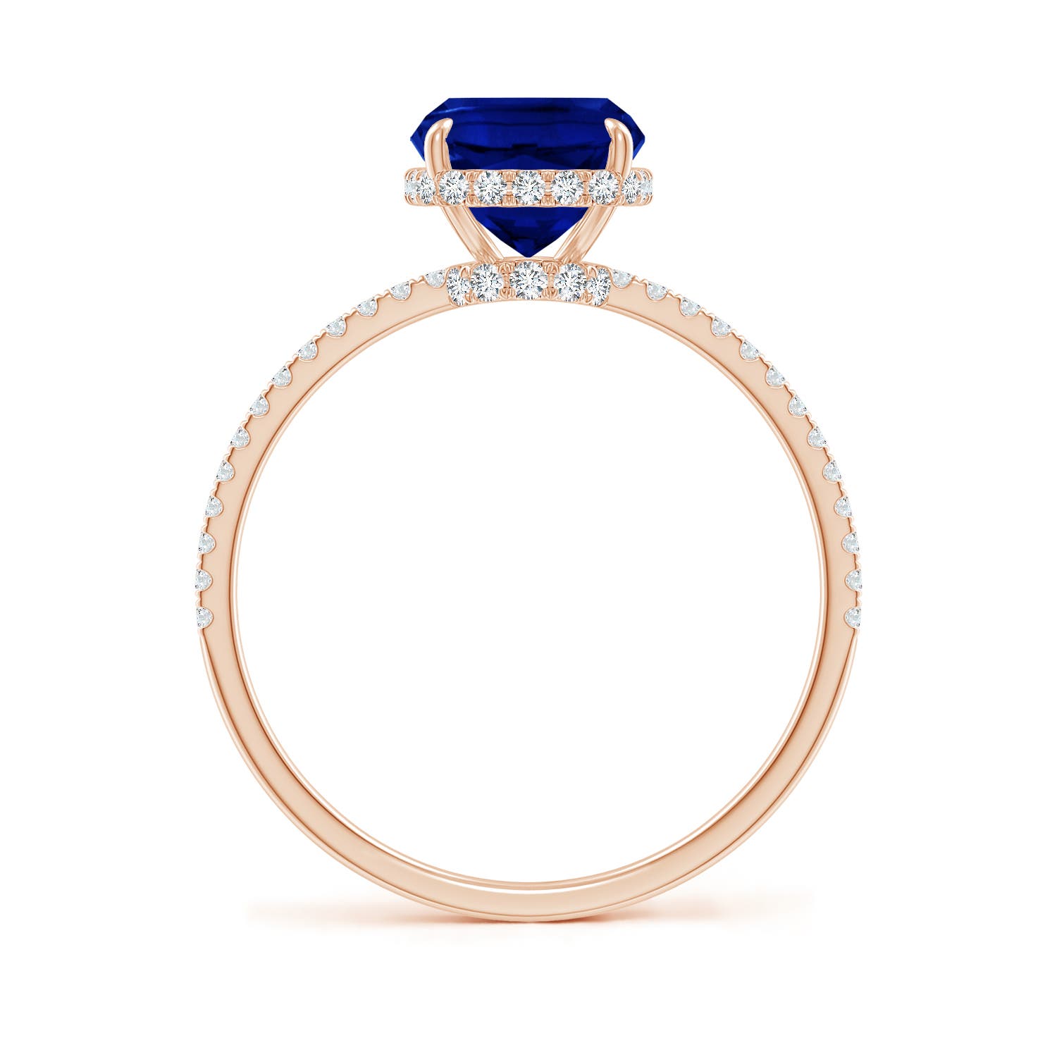 9x7mm AAAA Thin Shank Cushion Sapphire Ring with Diamond Accents in Rose Gold