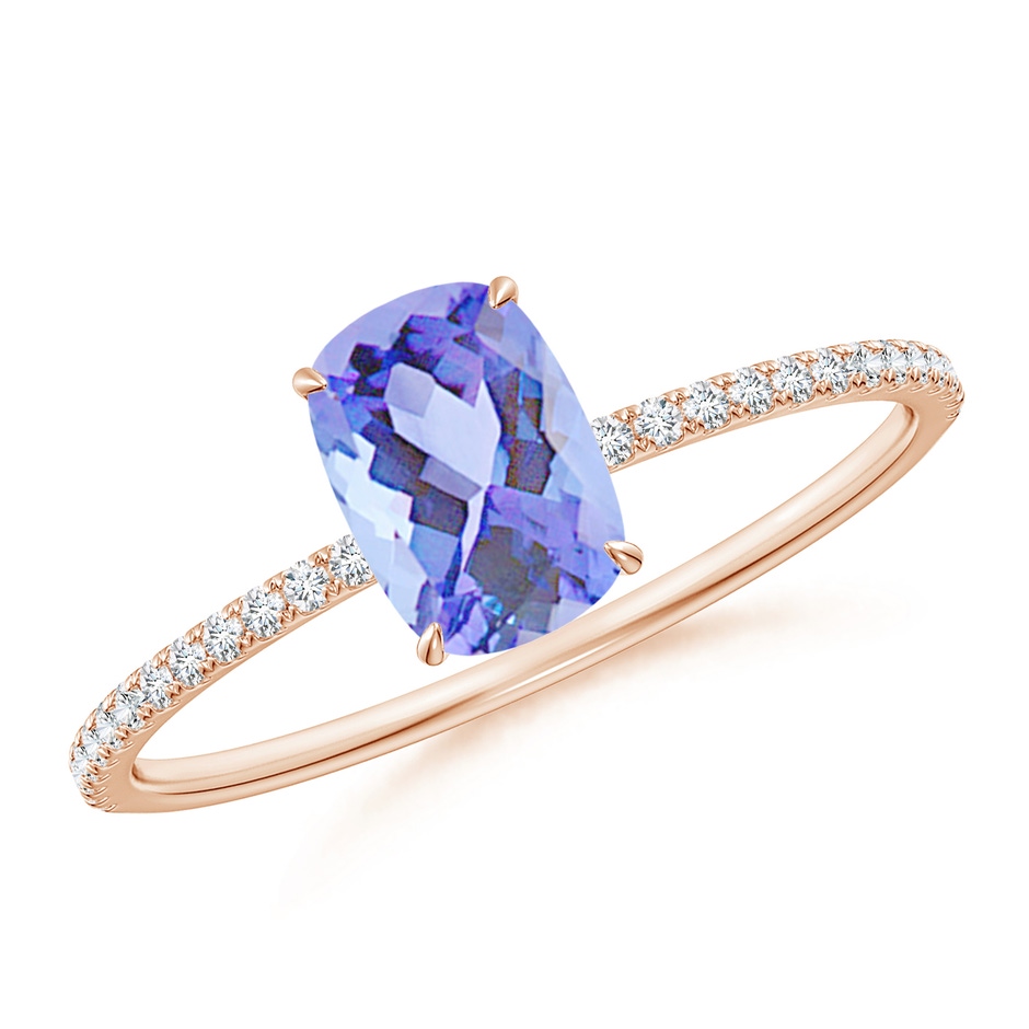 7x5mm A Thin Shank Cushion Cut Tanzanite Ring With Diamond Accents in Rose Gold 