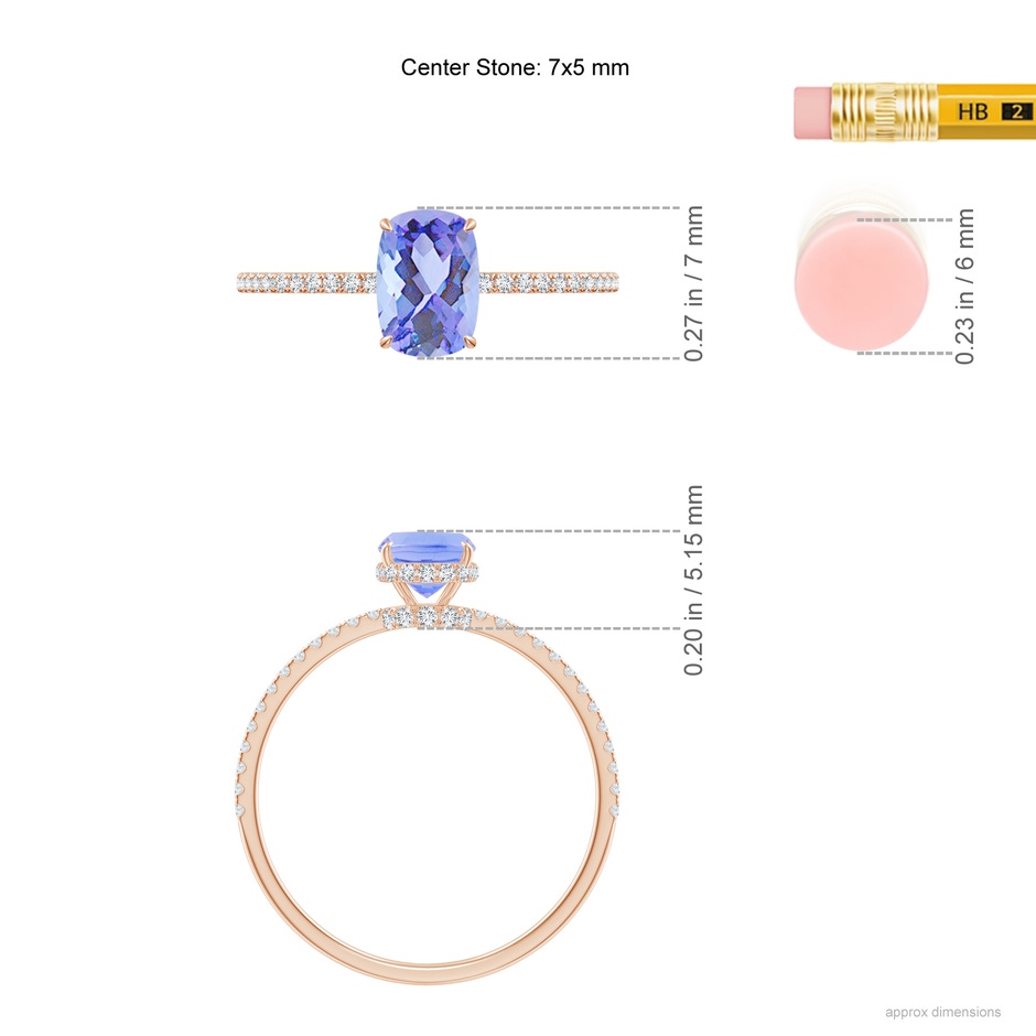 7x5mm A Thin Shank Cushion Cut Tanzanite Ring With Diamond Accents in Rose Gold ruler