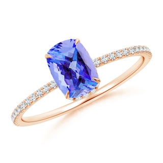 7x5mm AA Thin Shank Cushion Cut Tanzanite Ring With Diamond Accents in 10K Rose Gold