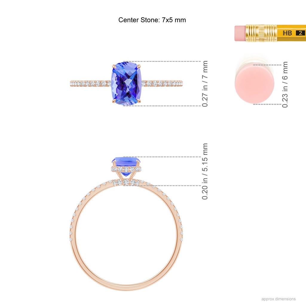 7x5mm AA Thin Shank Cushion Cut Tanzanite Ring With Diamond Accents in Rose Gold Ruler