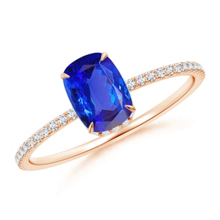7x5mm AAA Thin Shank Cushion Cut Tanzanite Ring With Diamond Accents in 9K Rose Gold