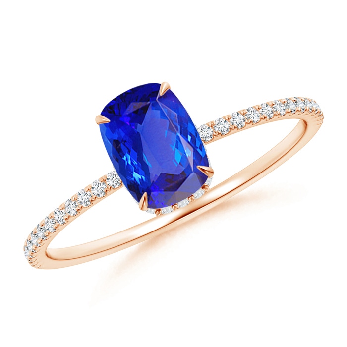 7x5mm AAA Thin Shank Cushion Cut Tanzanite Ring With Diamond Accents in 9K Rose Gold 