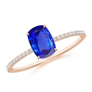 7x5mm AAA Thin Shank Cushion Cut Tanzanite Ring With Diamond Accents in Rose Gold