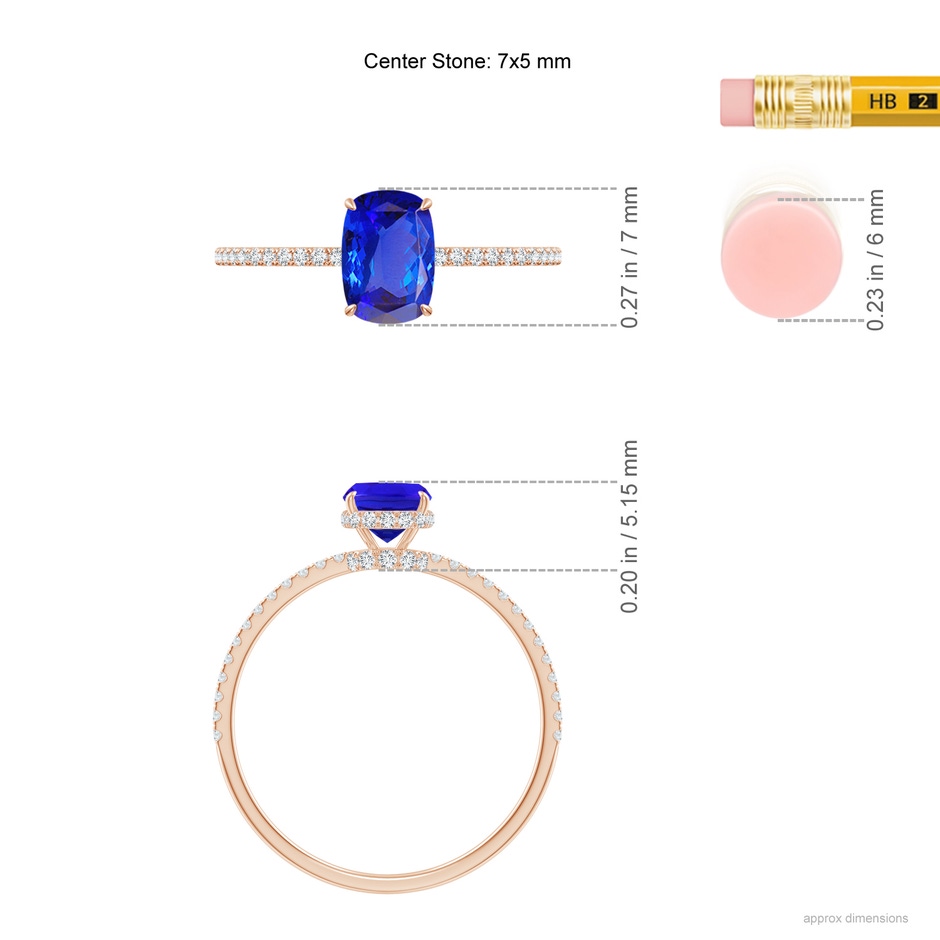 7x5mm AAA Thin Shank Cushion Cut Tanzanite Ring With Diamond Accents in Rose Gold ruler