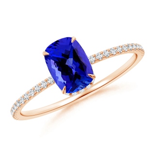 7x5mm AAAA Thin Shank Cushion Cut Tanzanite Ring With Diamond Accents in 10K Rose Gold