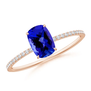 7x5mm AAAA Thin Shank Cushion Cut Tanzanite Ring With Diamond Accents in Rose Gold