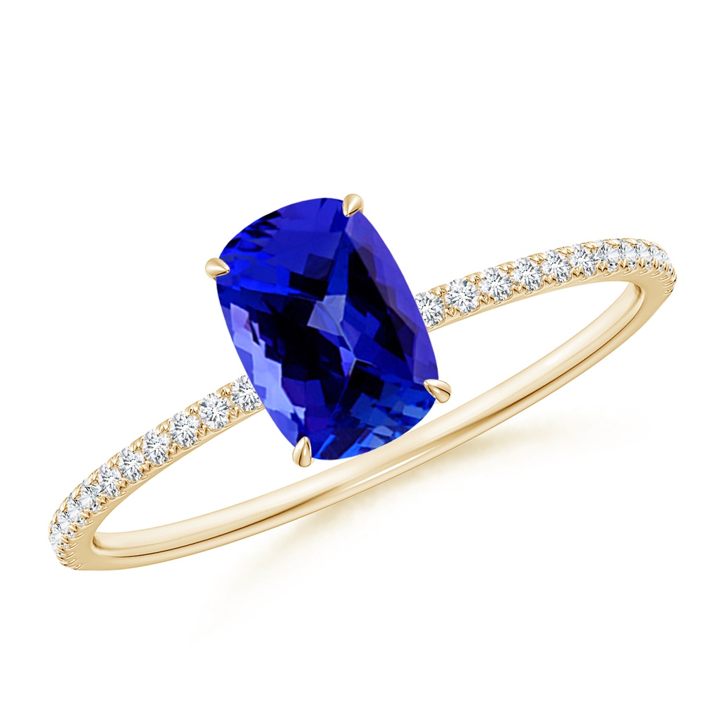 7x5mm AAAA Thin Shank Cushion Cut Tanzanite Ring With Diamond Accents in Yellow Gold