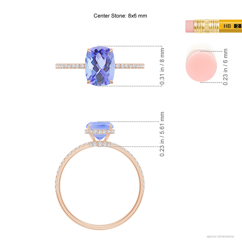 8x6mm A Thin Shank Cushion Cut Tanzanite Ring With Diamond Accents in Rose Gold ruler