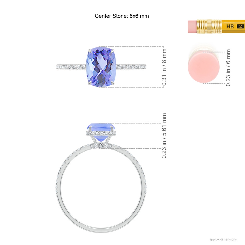 8x6mm A Thin Shank Cushion Cut Tanzanite Ring With Diamond Accents in White Gold ruler