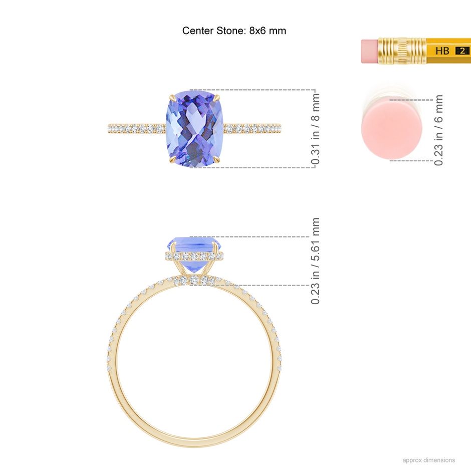 8x6mm A Thin Shank Cushion Cut Tanzanite Ring With Diamond Accents in Yellow Gold ruler