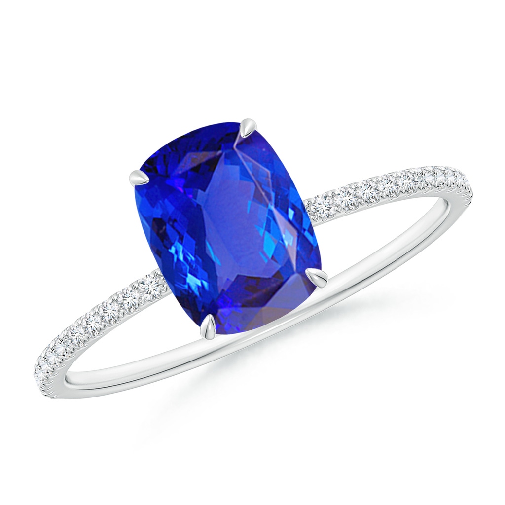8x6mm AAA Thin Shank Cushion Cut Tanzanite Ring With Diamond Accents in White Gold