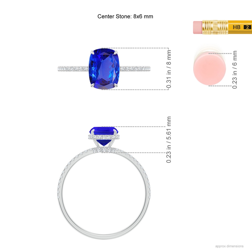 8x6mm AAA Thin Shank Cushion Cut Tanzanite Ring With Diamond Accents in White Gold Ruler