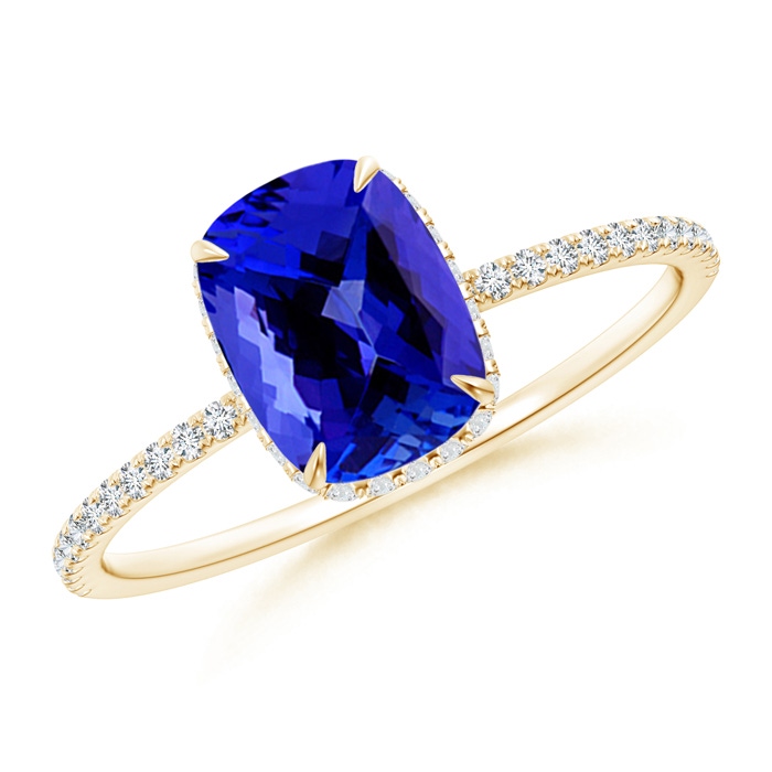 8x6mm AAAA Thin Shank Cushion Cut Tanzanite Ring With Diamond Accents in 10K Yellow Gold