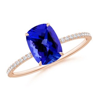 8x6mm AAAA Thin Shank Cushion Cut Tanzanite Ring With Diamond Accents in Rose Gold