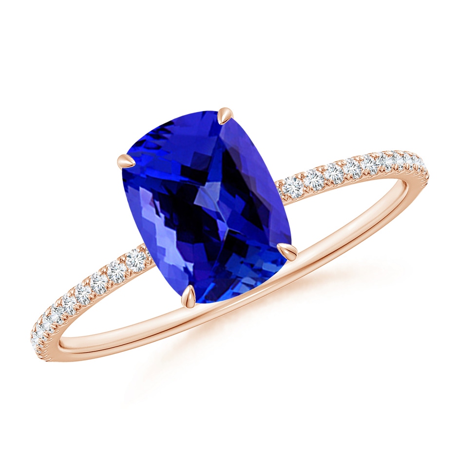 8x6mm AAAA Thin Shank Cushion Cut Tanzanite Ring With Diamond Accents in Rose Gold 