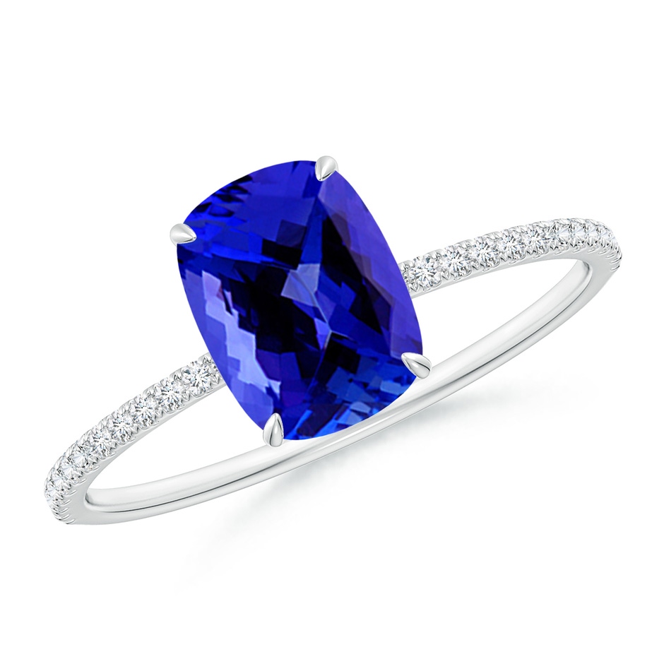 8x6mm AAAA Thin Shank Cushion Cut Tanzanite Ring With Diamond Accents in White Gold 