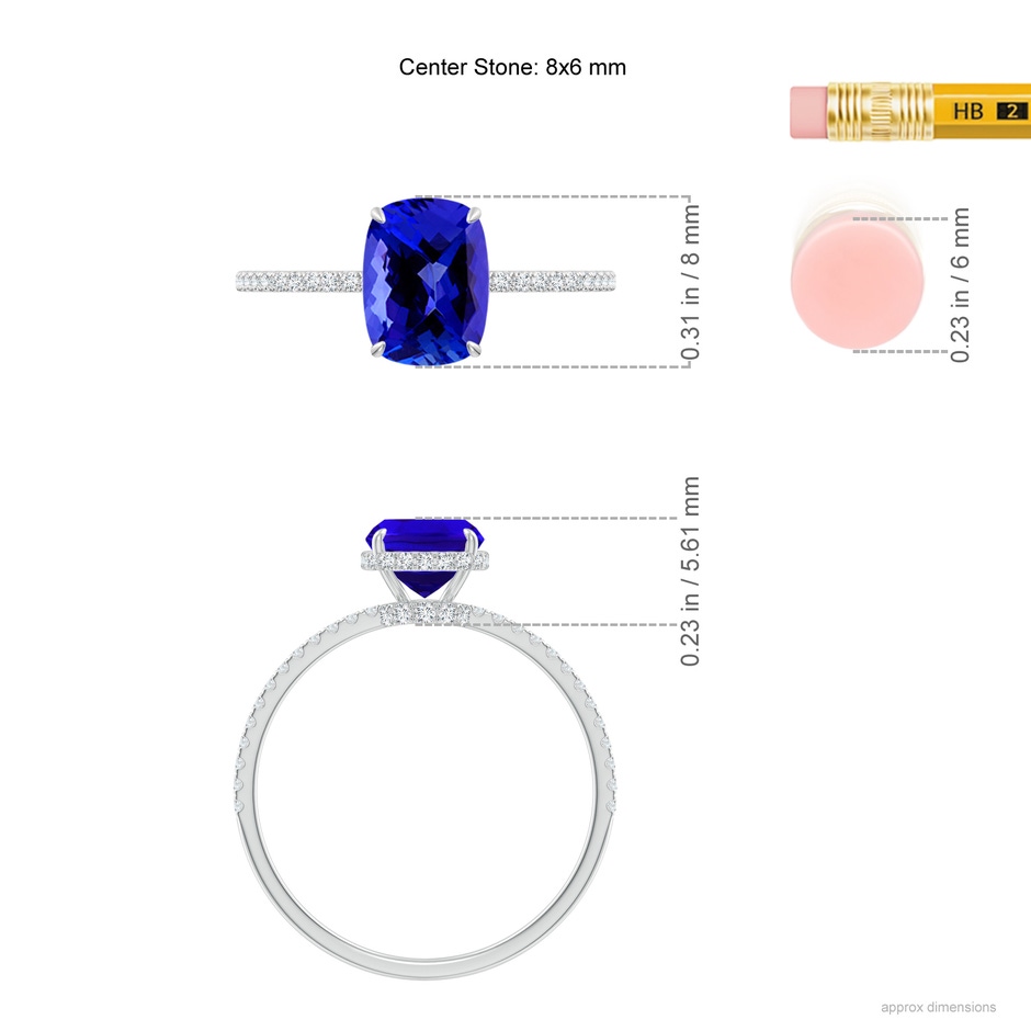 8x6mm AAAA Thin Shank Cushion Cut Tanzanite Ring With Diamond Accents in White Gold ruler