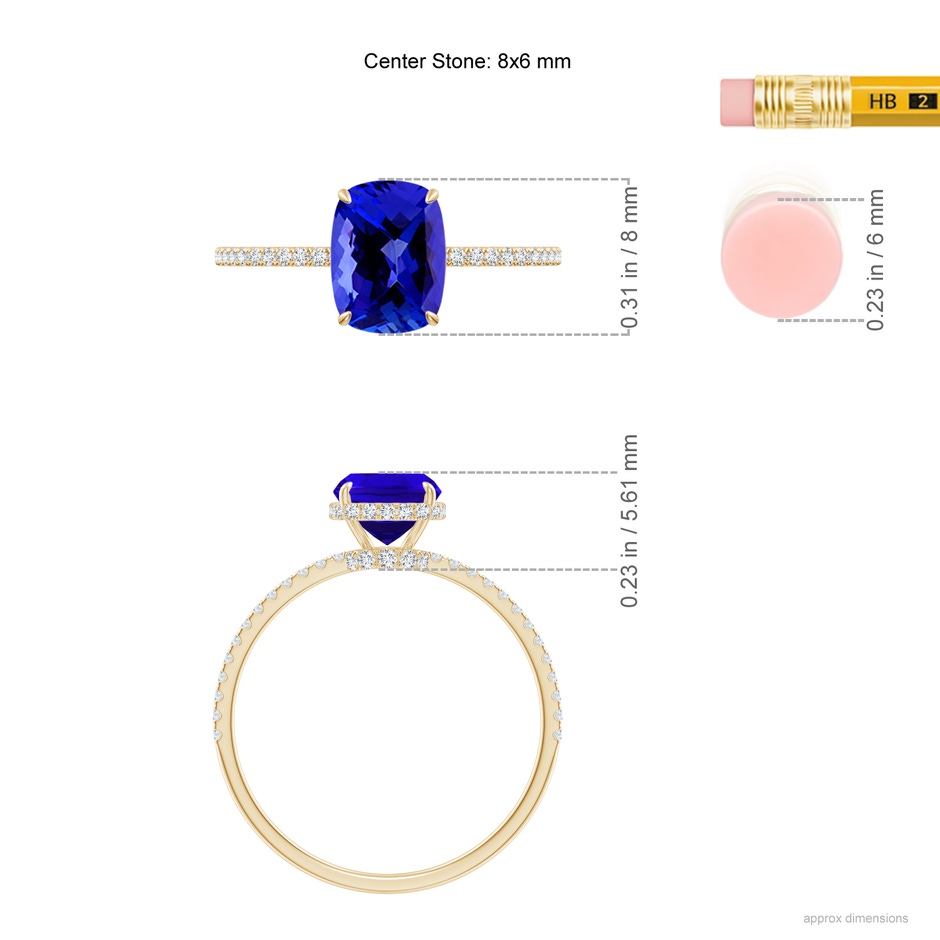 8x6mm AAAA Thin Shank Cushion Cut Tanzanite Ring With Diamond Accents in Yellow Gold ruler