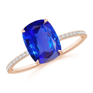 9x7mm AAA Thin Shank Cushion Cut Tanzanite Ring With Diamond Accents in Rose Gold
