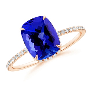 9x7mm AAAA Thin Shank Cushion Cut Tanzanite Ring With Diamond Accents in 9K Rose Gold