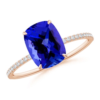 9x7mm AAAA Thin Shank Cushion Cut Tanzanite Ring With Diamond Accents in Rose Gold