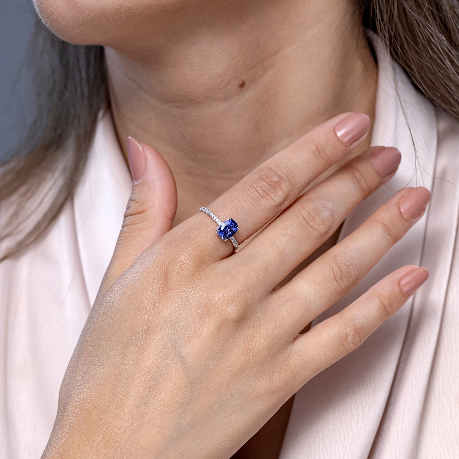 Thin Shank Cushion Cut Tanzanite Ring With Diamond Accents