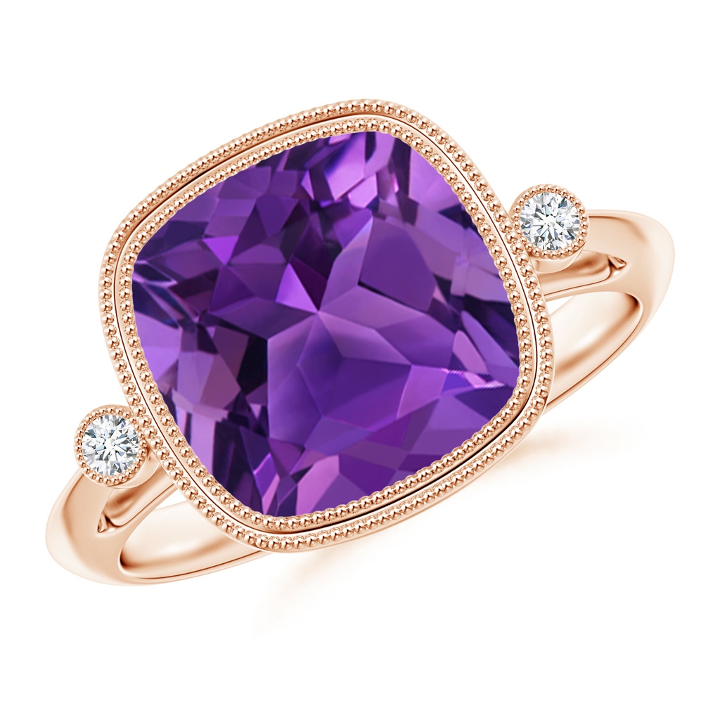 10mm AAAA Bezel Set Cushion Amethyst Ring with Milgrain Detailing in Rose Gold