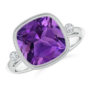 10mm AAAA Bezel Set Cushion Amethyst Ring with Milgrain Detailing in White Gold