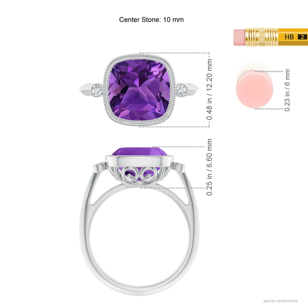 10mm AAAA Bezel Set Cushion Amethyst Ring with Milgrain Detailing in White Gold Ruler