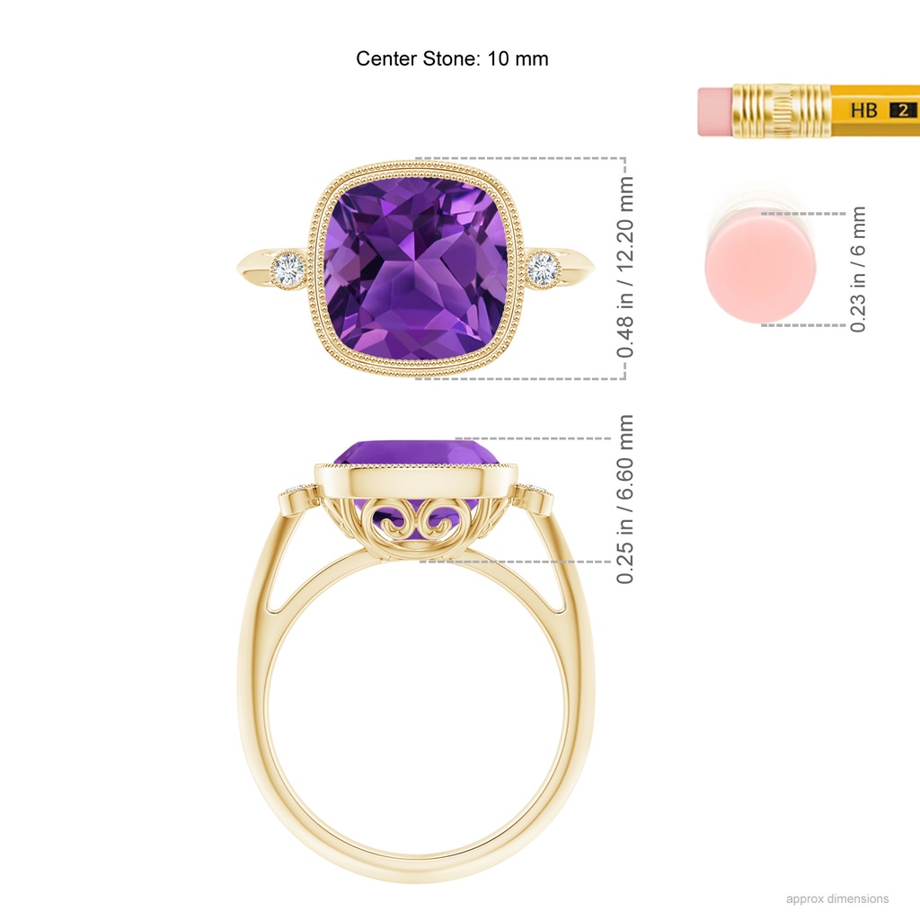 10mm AAAA Bezel Set Cushion Amethyst Ring with Milgrain Detailing in Yellow Gold Ruler