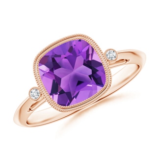 8mm AAA Bezel Set Cushion Amethyst Ring with Milgrain Detailing in 10K Rose Gold