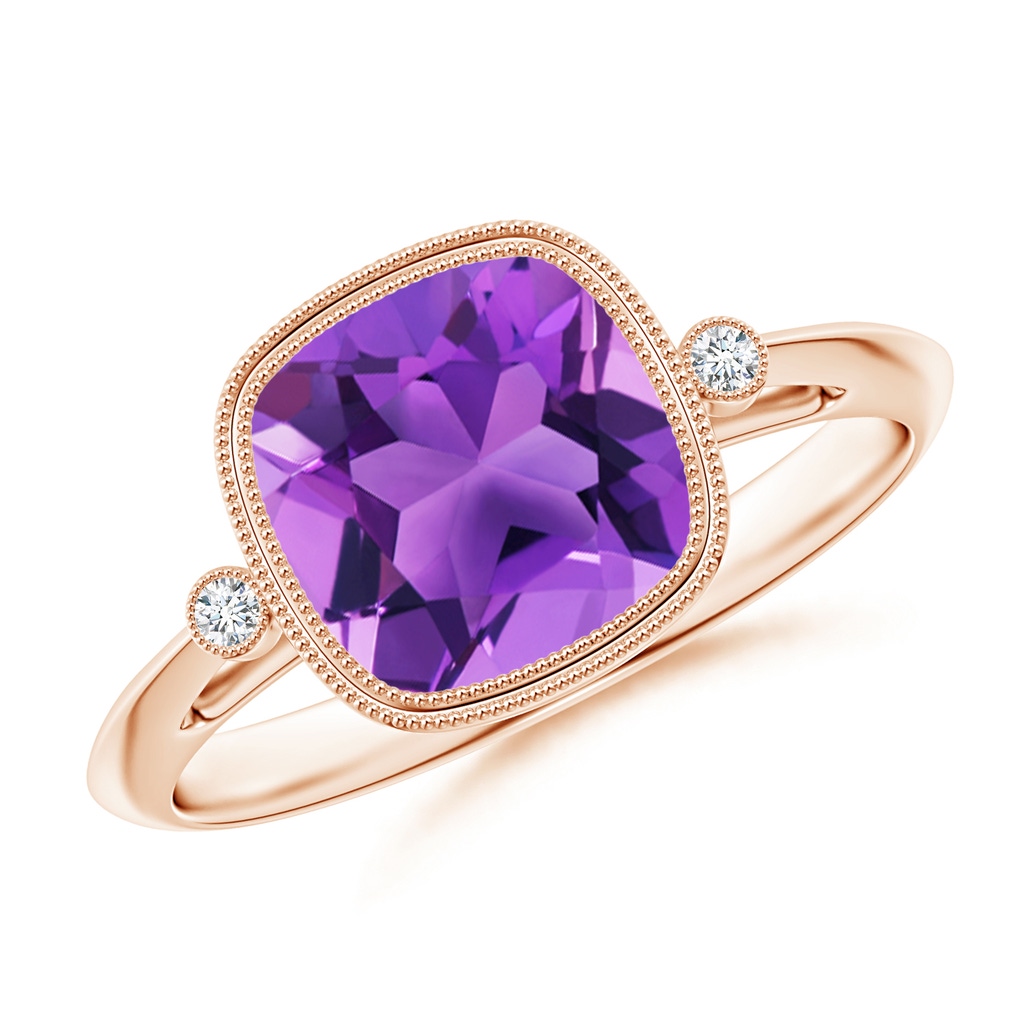 8mm AAA Bezel Set Cushion Amethyst Ring with Milgrain Detailing in Rose Gold 