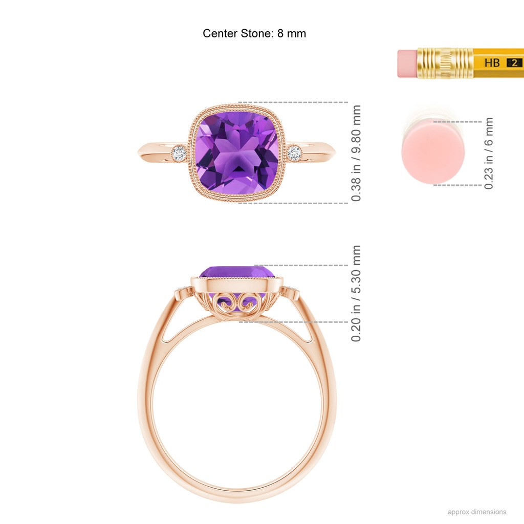 8mm AAA Bezel Set Cushion Amethyst Ring with Milgrain Detailing in Rose Gold Ruler