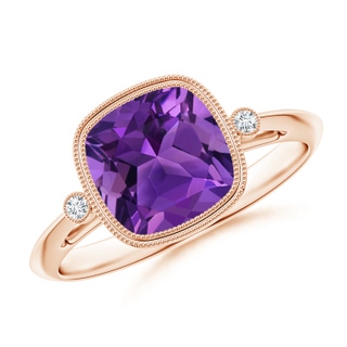 8mm AAAA Bezel Set Cushion Amethyst Ring with Milgrain Detailing in Rose Gold