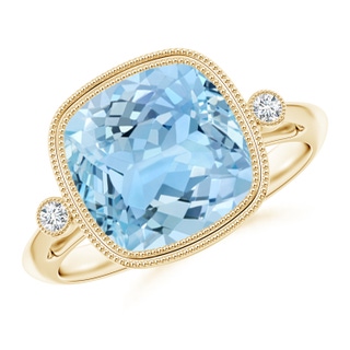 10mm AAAA Bezel Set Cushion Aquamarine Ring with Milgrain Detailing in Yellow Gold