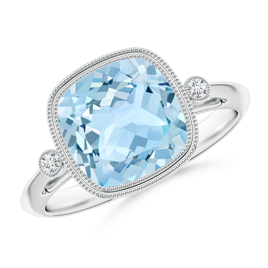 9mm AAA Bezel Set Cushion Aquamarine Ring with Milgrain Detailing in White Gold