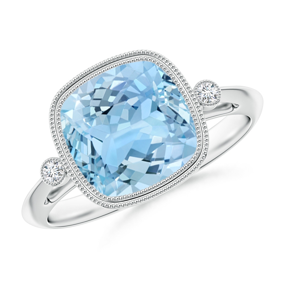 9mm AAAA Bezel Set Cushion Aquamarine Ring with Milgrain Detailing in White Gold 