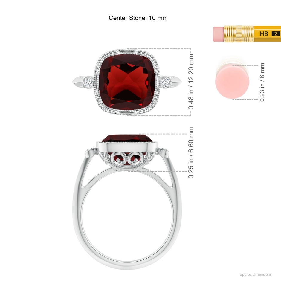 10mm AAA Bezel Set Cushion Garnet Ring with Milgrain Detailing in White Gold ruler