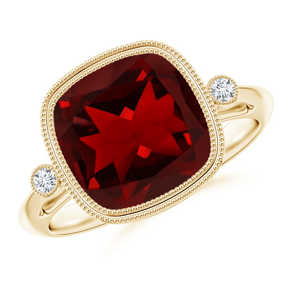 10mm AAAA Bezel Set Cushion Garnet Ring with Milgrain Detailing in Yellow Gold