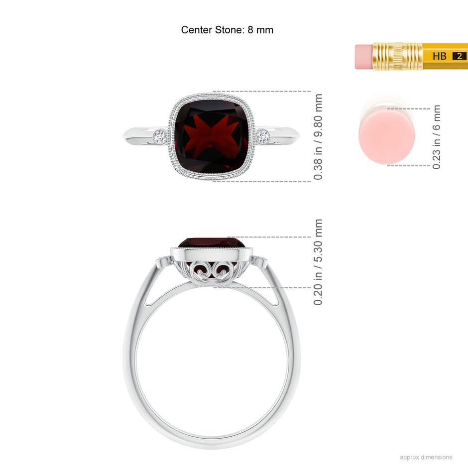 8mm A Bezel Set Cushion Garnet Ring with Milgrain Detailing in White Gold ruler