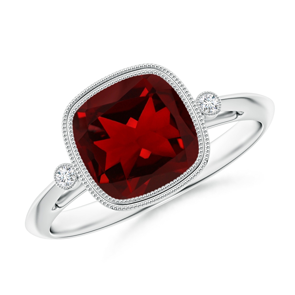 8mm AAAA Bezel Set Cushion Garnet Ring with Milgrain Detailing in White Gold